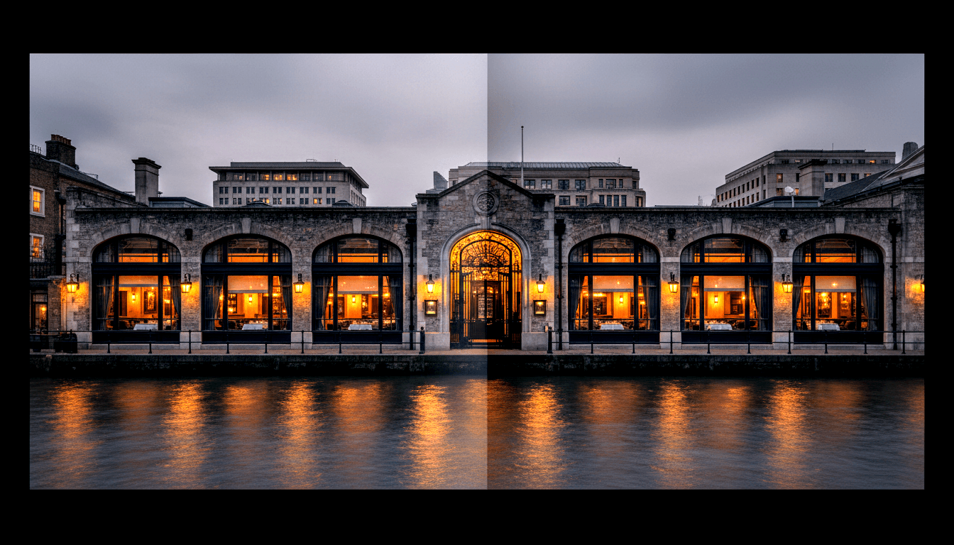 Grand stone building with arched windows at water's edge at dusk; split before/after photo processing comparison.