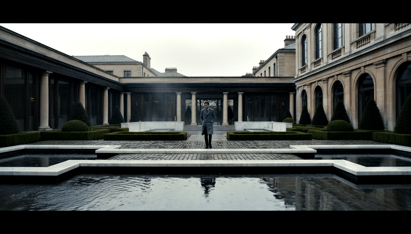 Adult male in grey-blue overcoat stands centered in a vast symmetrical formal courtyard with colonnaded walkways and reflecting pools.