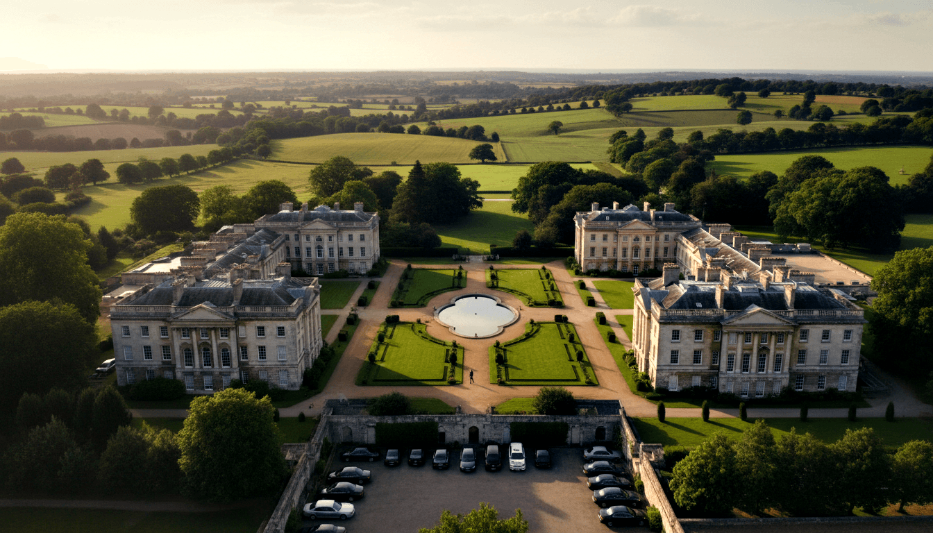 Two matching honey-beige stone neoclassical mansions flanking a formal garden with geometric topiary, gravel paths, and circular pool.