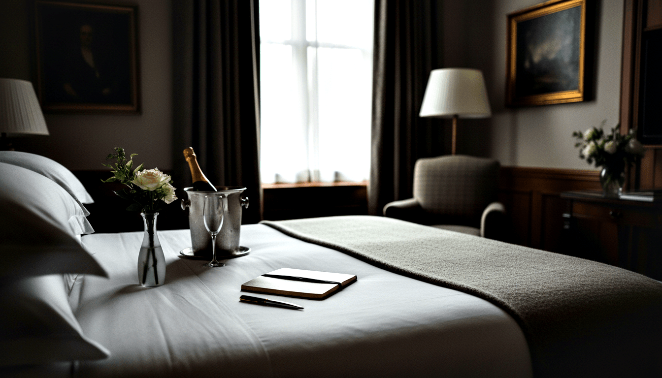 Bed with white pillows, cream runner, notebook; tray with silver ice bucket, sparkling wine, champagne flute, white roses.