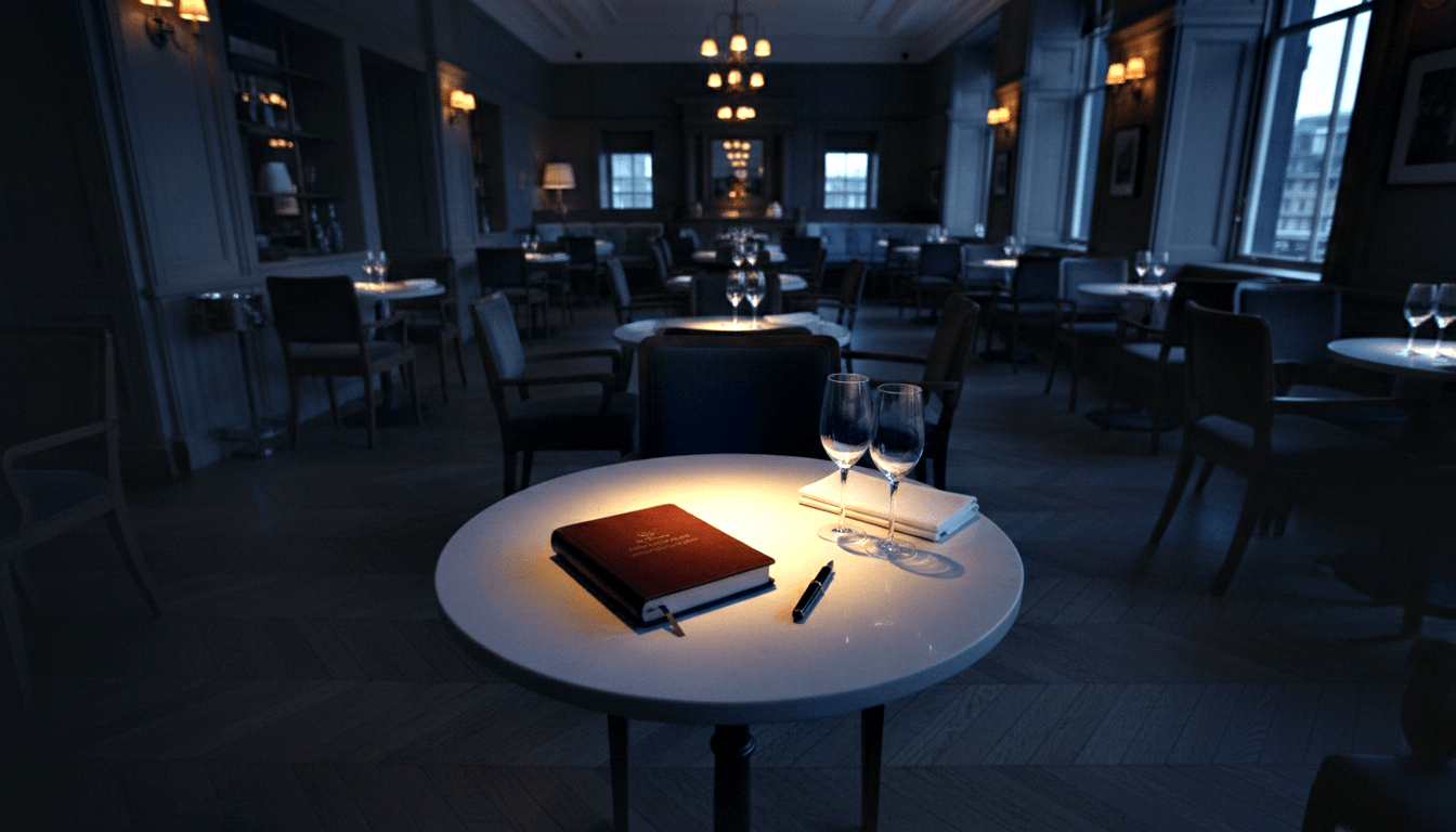 Round white table with red hardcover book, pen, folded napkins, and two crystal wine glasses under warm spotlight in formal dining room.
