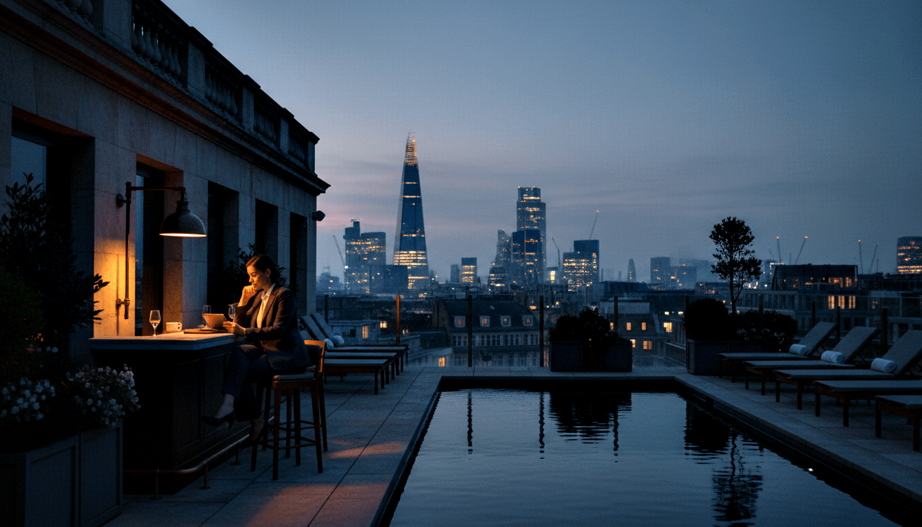 Adult in dark suit at rooftop bar holds a glass, with a pool, lounge chairs, and tall glass skyscraper under twilight sky.