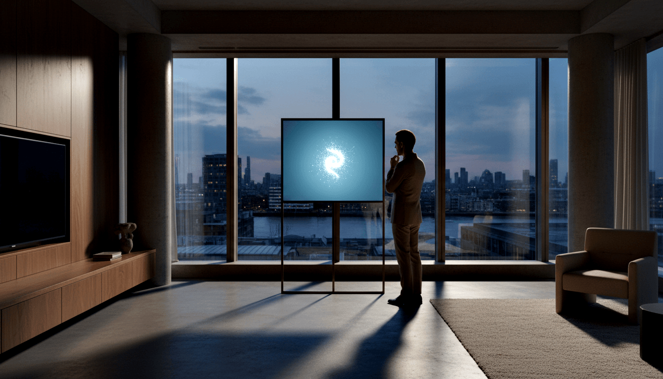 Man in silhouette, hand to chin, beside a glowing cyan spiral on a metal easel; dim room, waterfront cityscape at twilight.