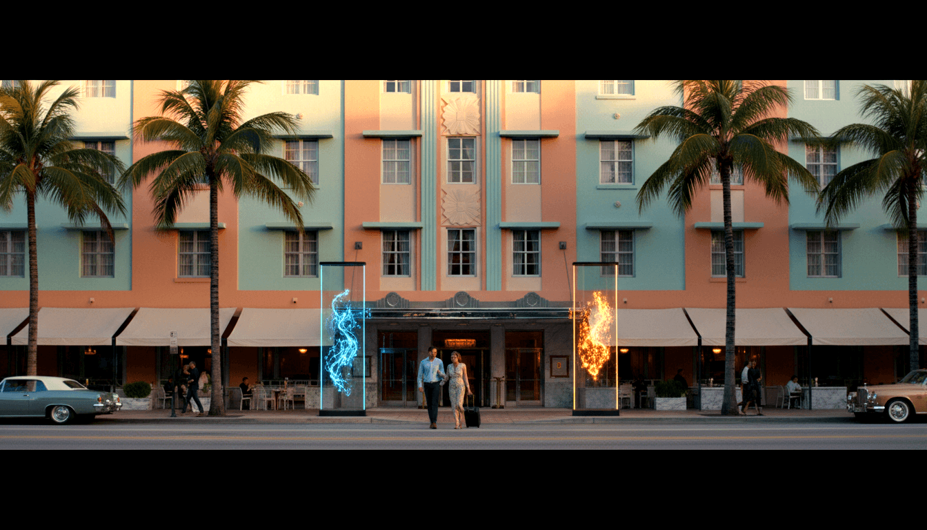 Art Deco hotel facade in salmon and mint-green, two portal frames emitting blue lightning and orange flame, couple with luggage entering.