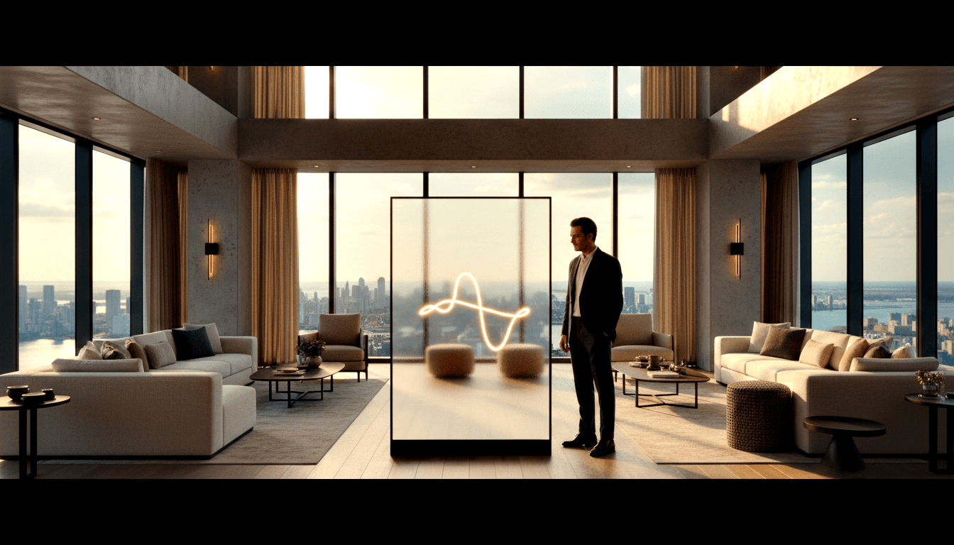 Man in navy suit beside glowing transparent portrait display in penthouse with floor-to-ceiling cityscape windows.