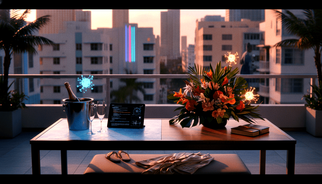 Twilight terrace table: tropical flowers, champagne bucket, two flutes, tablet with code, CGI orbs, bokeh cityscape.
