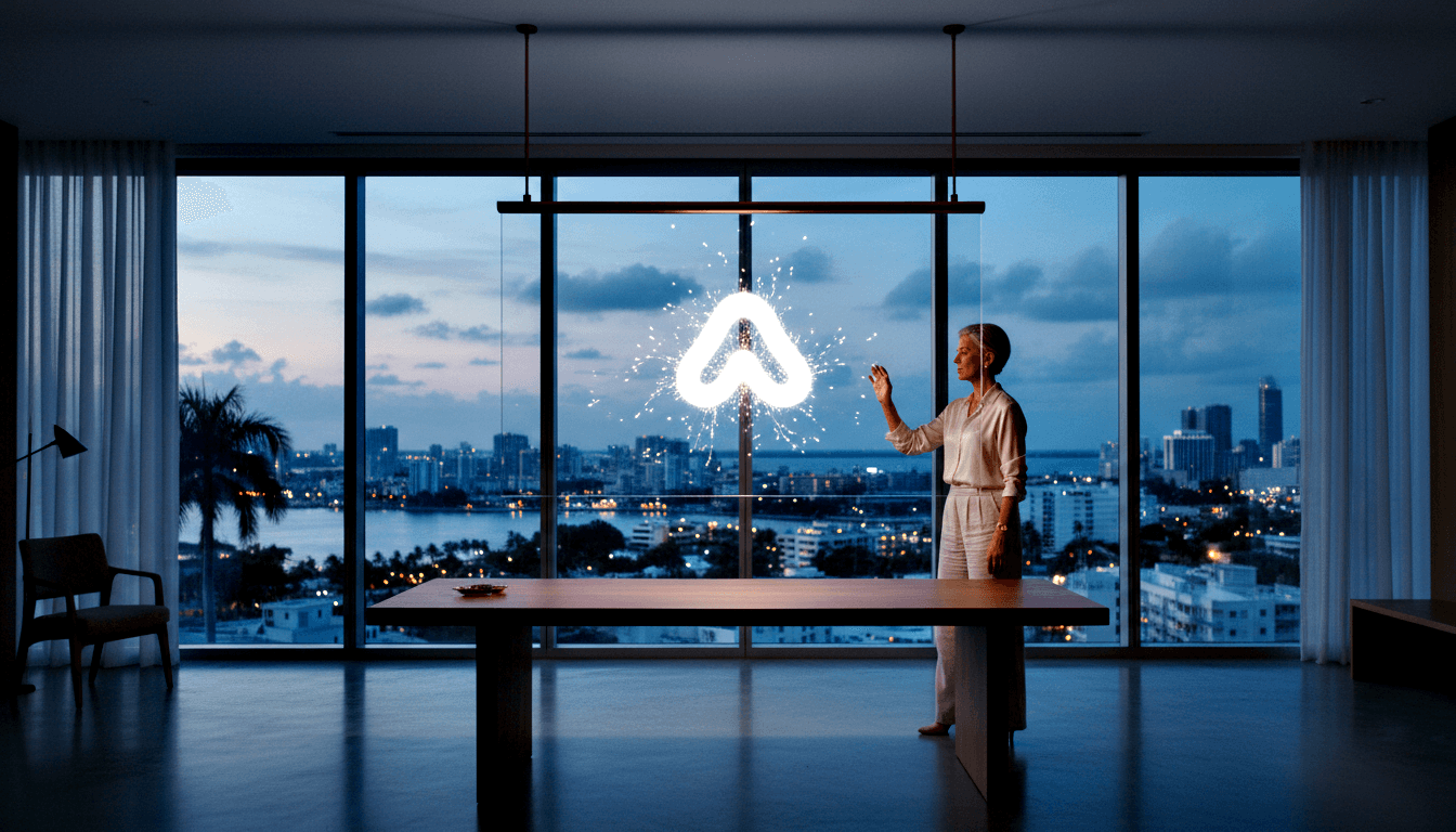 Silver-haired woman raises hand toward glowing chevron symbol emitting sparks, beside wooden table, coastal twilight windows behind.