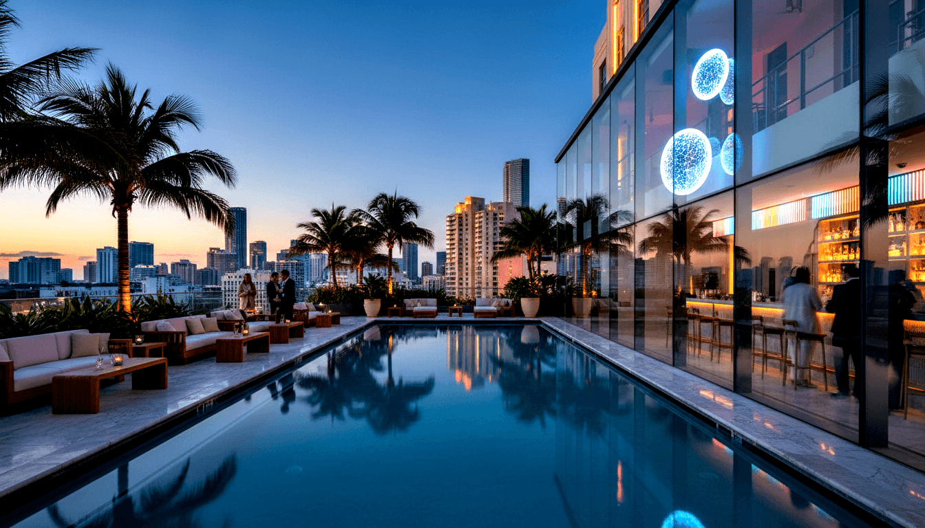 Rooftop terrace at dusk with rectangular reflecting pool, blue spherical LED lit glass bar, cream sofas, potted palms, and two people conversing.