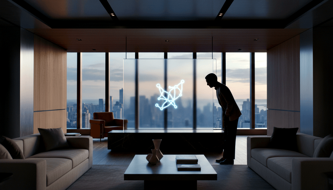 Male silhouette in formal attire examines a glowing blue-white holographic network diagram on a transparent panel in a dim interior.