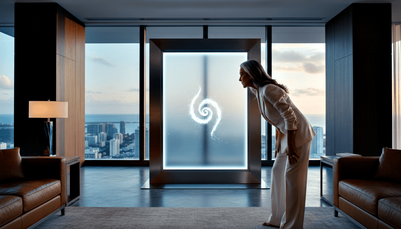Woman in cream blazer leans forward to examine a large illuminated panel emitting a glowing white spiral, flanked by leather armchairs.