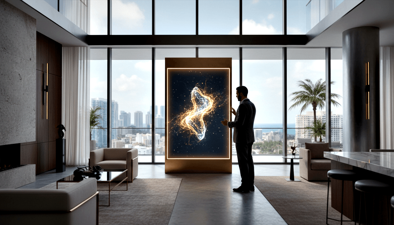 Man in dark suit stands before glowing serpentine swirl on black panel; coastal skyline and palm trees visible through windows.