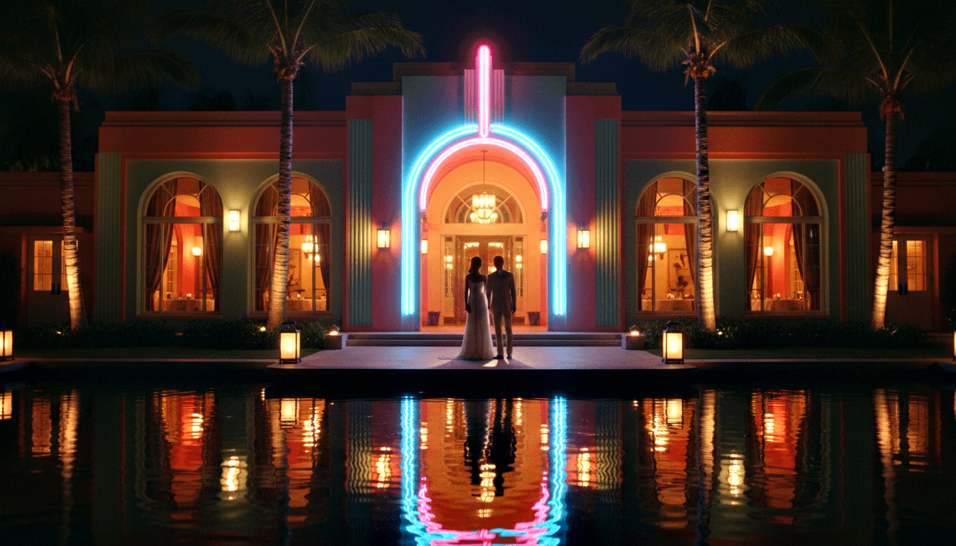 Two figures in gown and suit stand before an Art Deco building at night, framed by cyan-and-pink neon arch, reflected in a still pool.