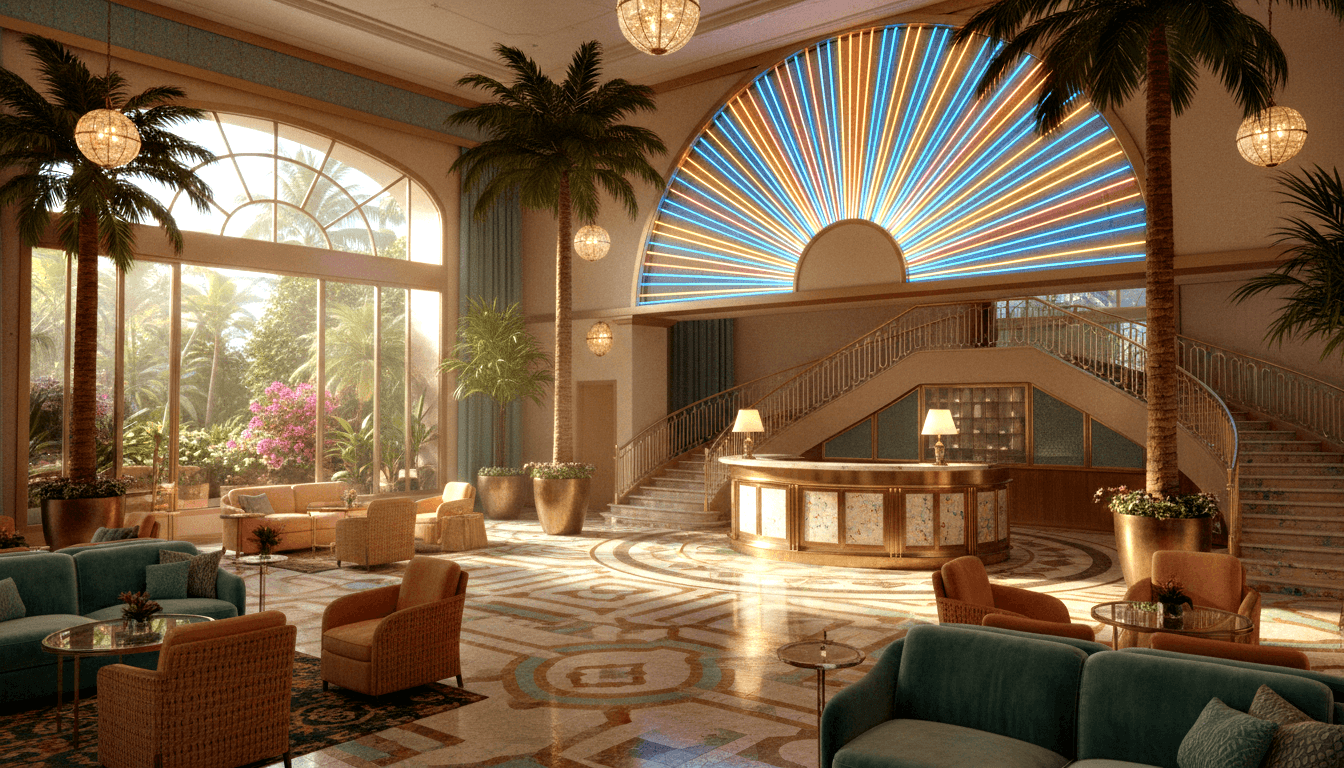 CGI hotel lobby with coral walls, gold-trimmed oval desk, teal sofas, rattan chairs, twin curved staircases, and neon sunburst installation.