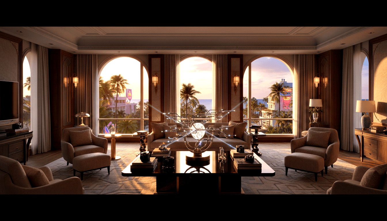 CGI living room, arched windows, tropical coastal sunset, brass armillary stand with glowing teal crystal sphere, amber lighting