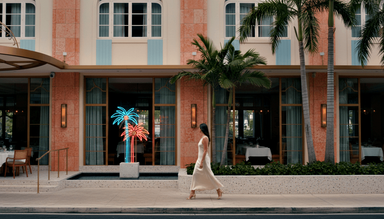 Woman in cream midi slip dress and nude heels walks past a terracotta and teal Art Deco building with palm trees at golden hour.