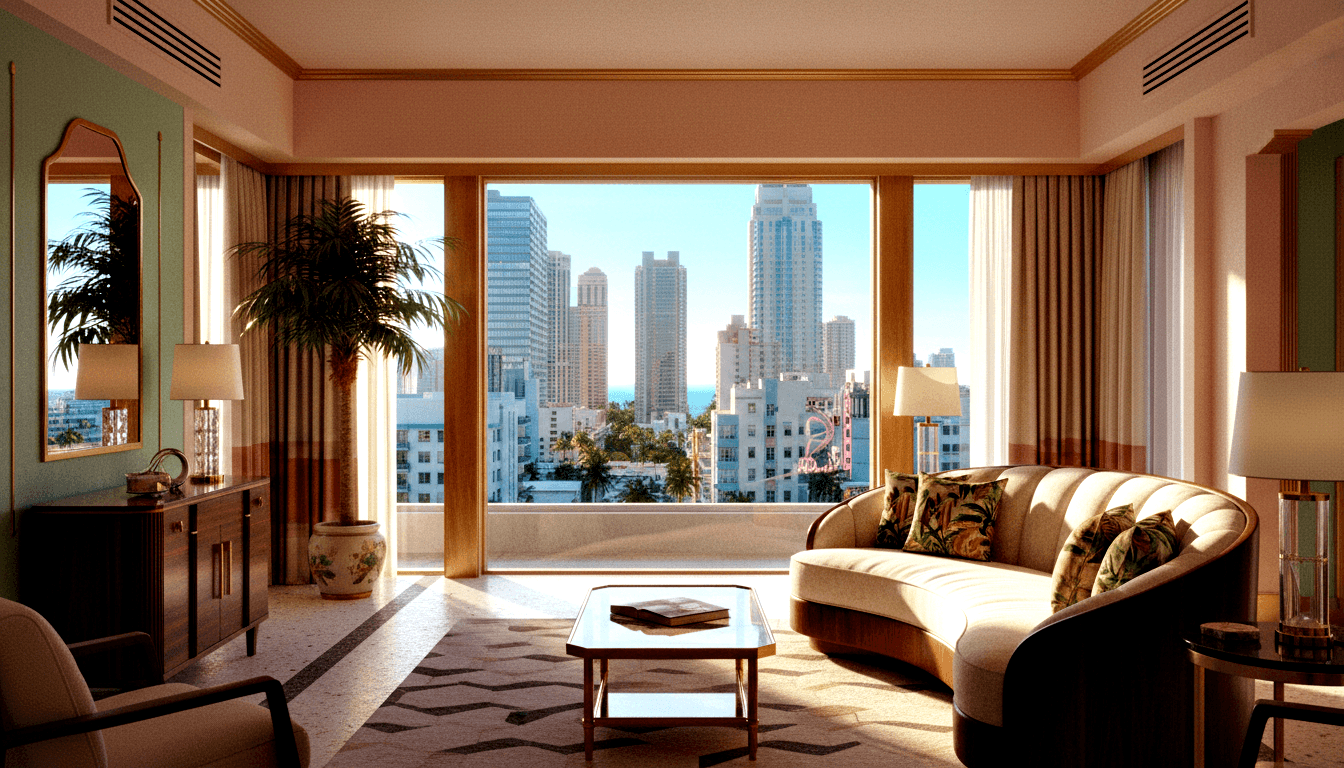 CGI high-rise living room with blush-pink walls, curved cream sofa, brass coffee table, indoor palm, and floor-to-ceiling city and ocean views.