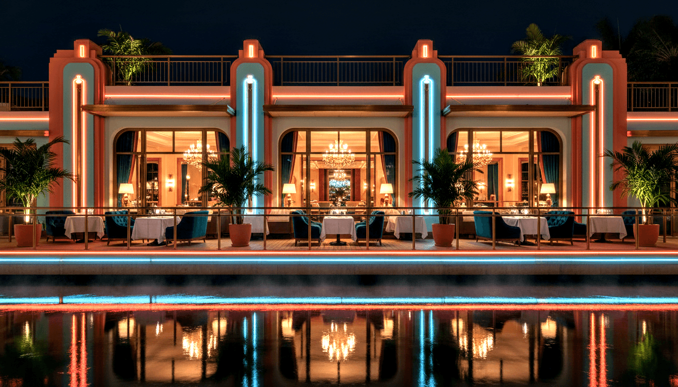 Coral-pink building facade at night with amber arched windows, cyan neon trim, terrace dining tables, and reflections in still water below.