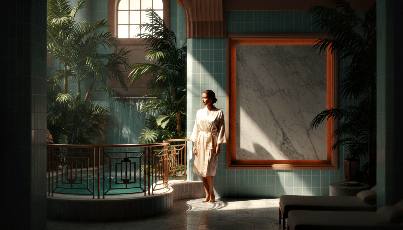 Woman in white satin robe stands near copper-framed marble panel and brass railing overlooking an indoor pool with seafoam-green tiles.