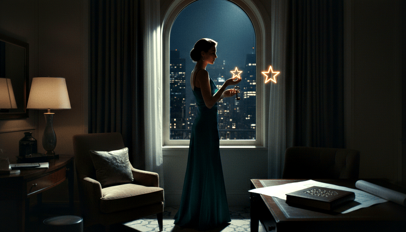 Woman in backless teal-green floor-length gown standing in profile by arched window, holding small object near two glowing orange star outlines.