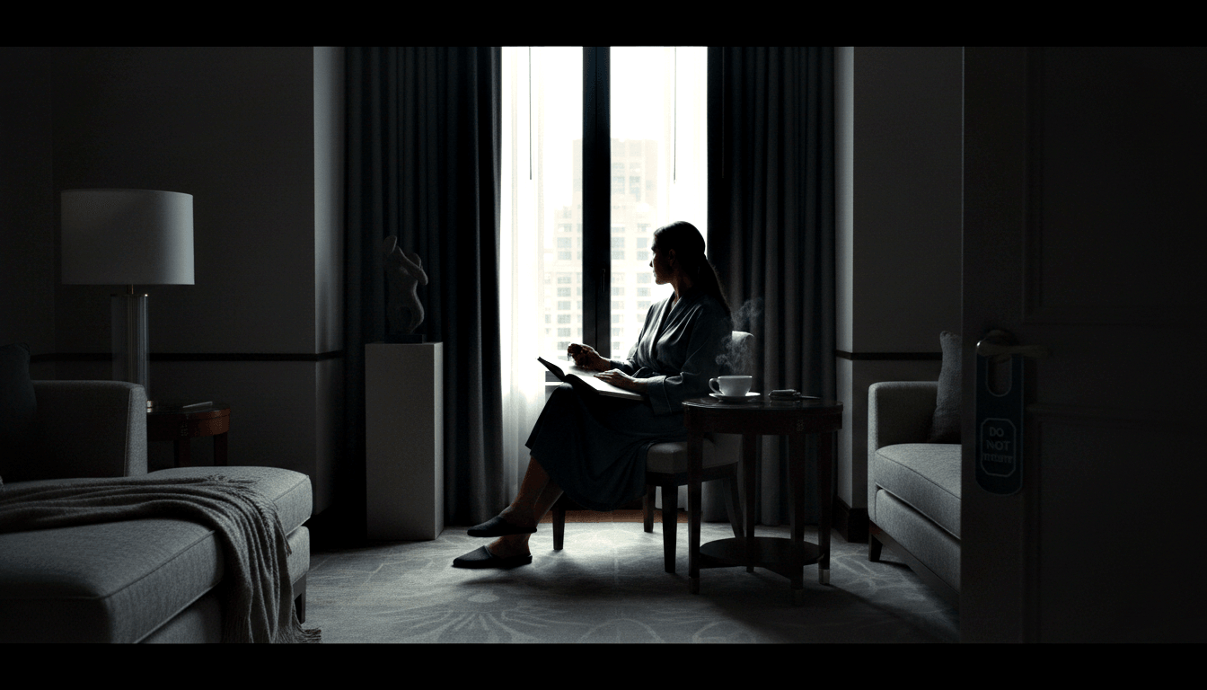 Woman in bathrobe sits in armchair at round table by tall curtained window, holding book beside steaming cup, backlit near-silhouette.