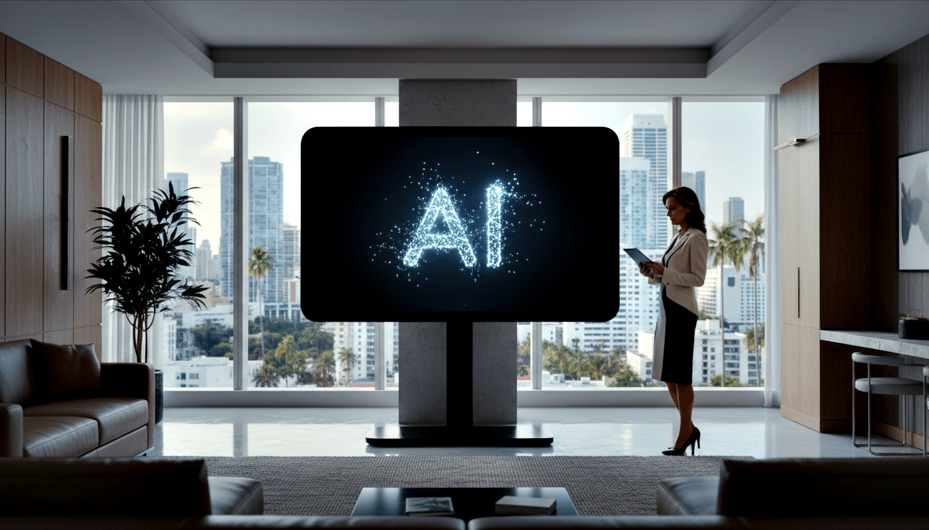 Glowing blue-white 'AI' lettering on a pedestal display in a modern room with floor-to-ceiling windows; woman in blazer holds tablet.