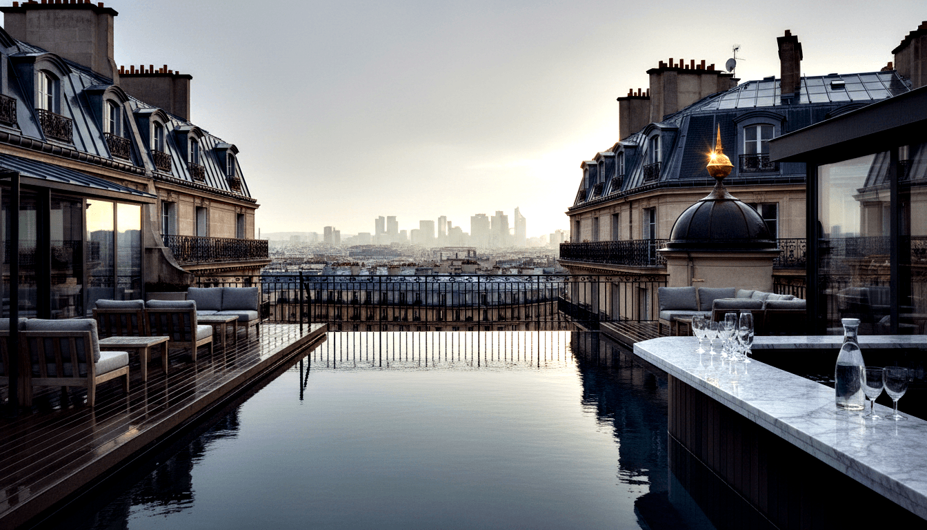 Rooftop terrace with reflecting pool, teak decking, lounge chairs, marble bar with crystal glasses, and copper dome above skyline at dusk.