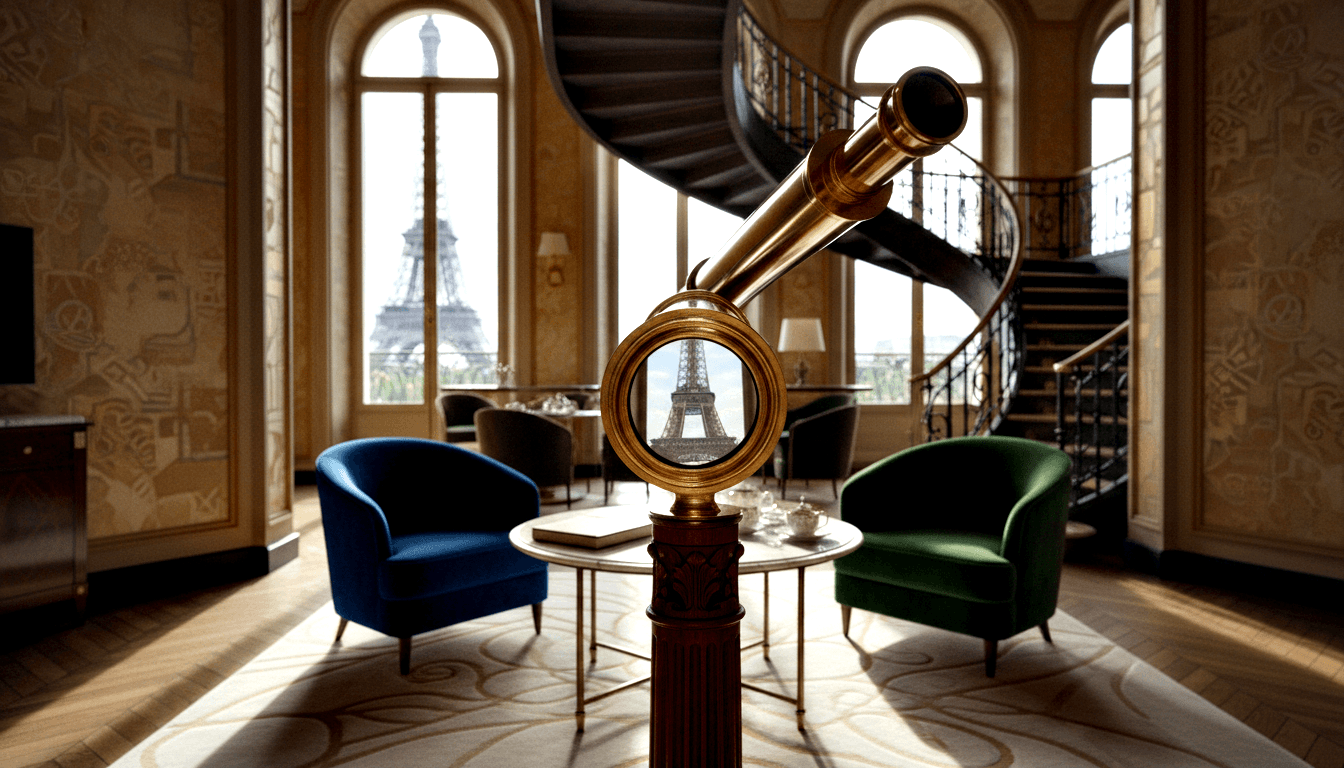 Brass antique telescope on ornate pedestal facing arched windows showing iron lattice tower, flanked by navy and green velvet armchairs.