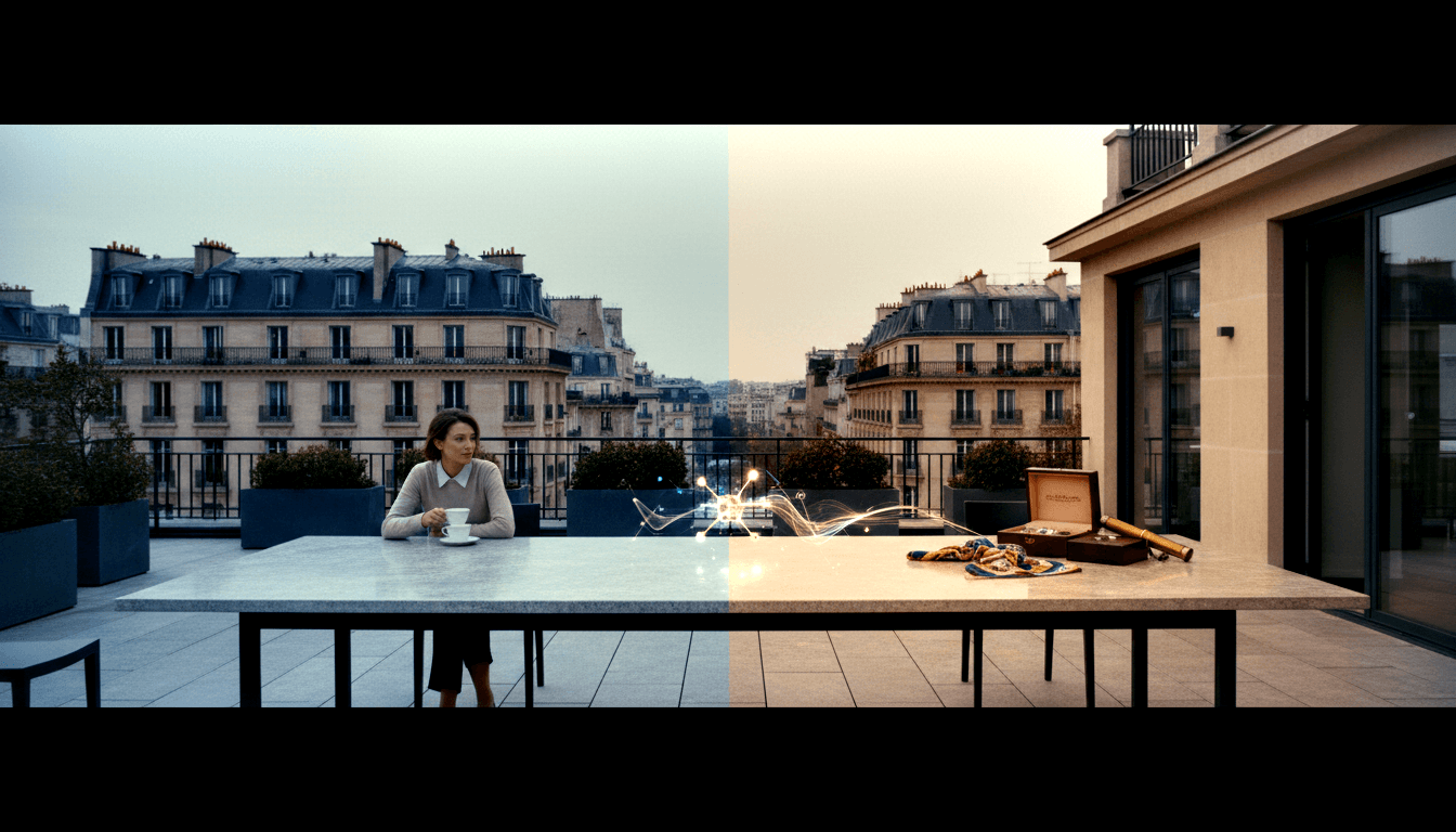 Woman in grey knit sweater sits at marble rooftop table with white cup; scene split into cool blue-grey and warm amber halves with light trails.
