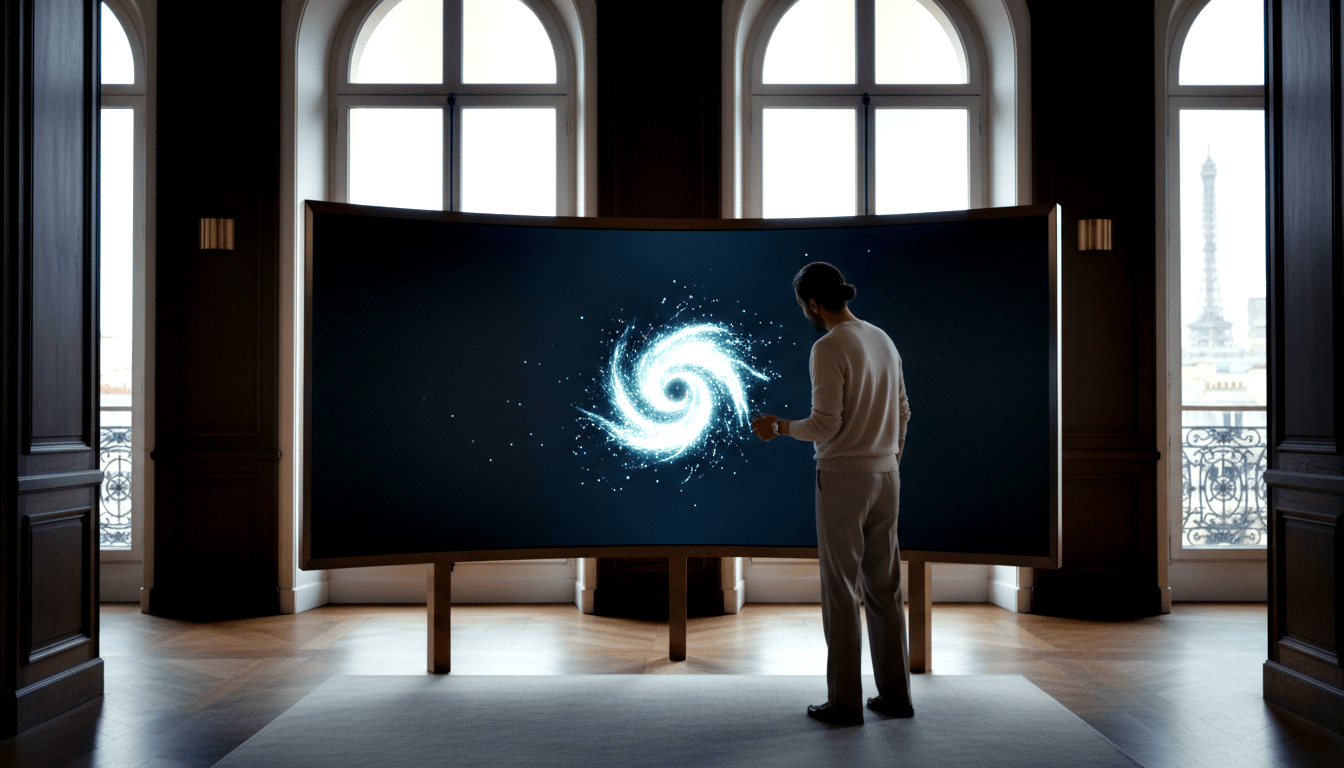 Man in cream sweater and gray trousers before a curved panoramic display on wooden frame showing a blue-white spiral galaxy.