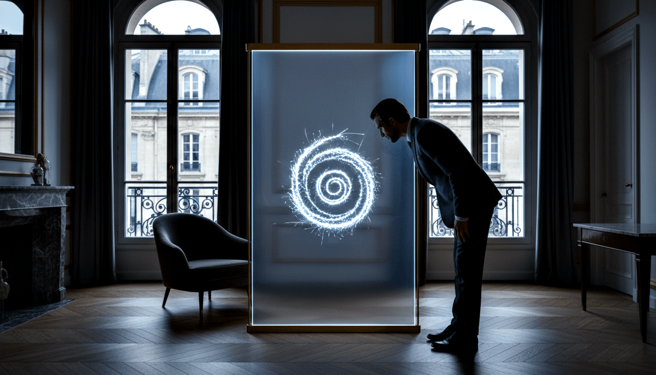 Dark-suited dark-haired man leans forward examining a tall gold-framed panel displaying a glowing white spiral vortex of light particles.