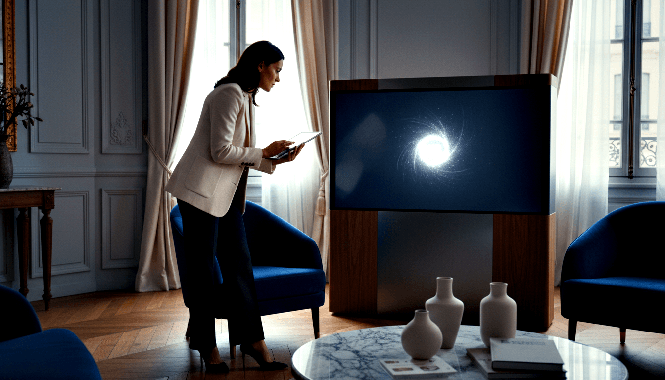 Woman in cream blazer holding a tablet leans toward a wood-and-metal cabinet emitting a swirling blue-white glowing vortex in a paneled room.