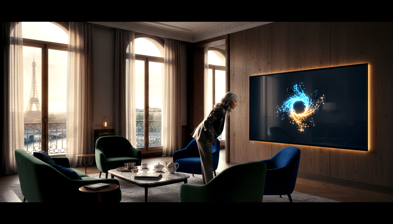 Silver-haired woman in cream wide-leg trousers and dark blazer leans toward wall-mounted screen showing blue and amber vortex.