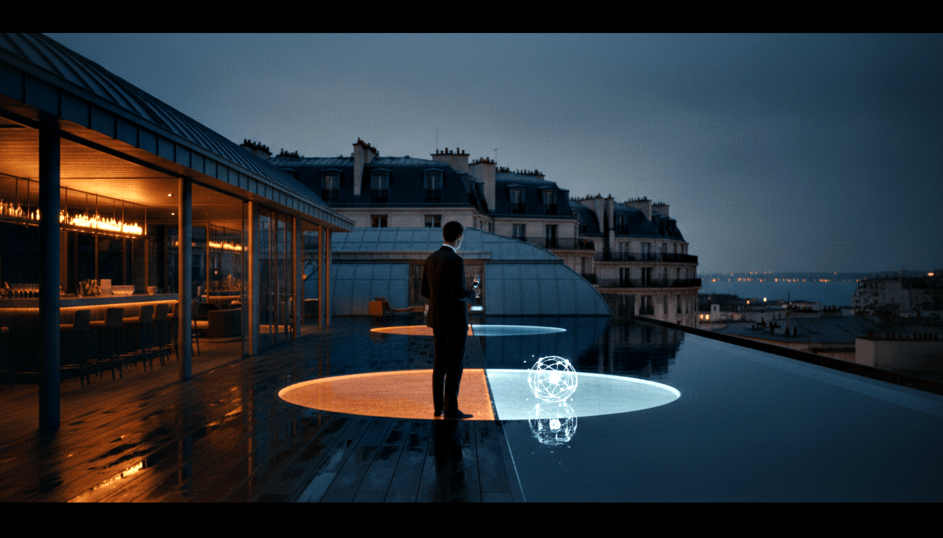Man in dark suit, back to camera, on rooftop terrace at dusk beside a glowing geometric wireframe sphere above a reflective surface.