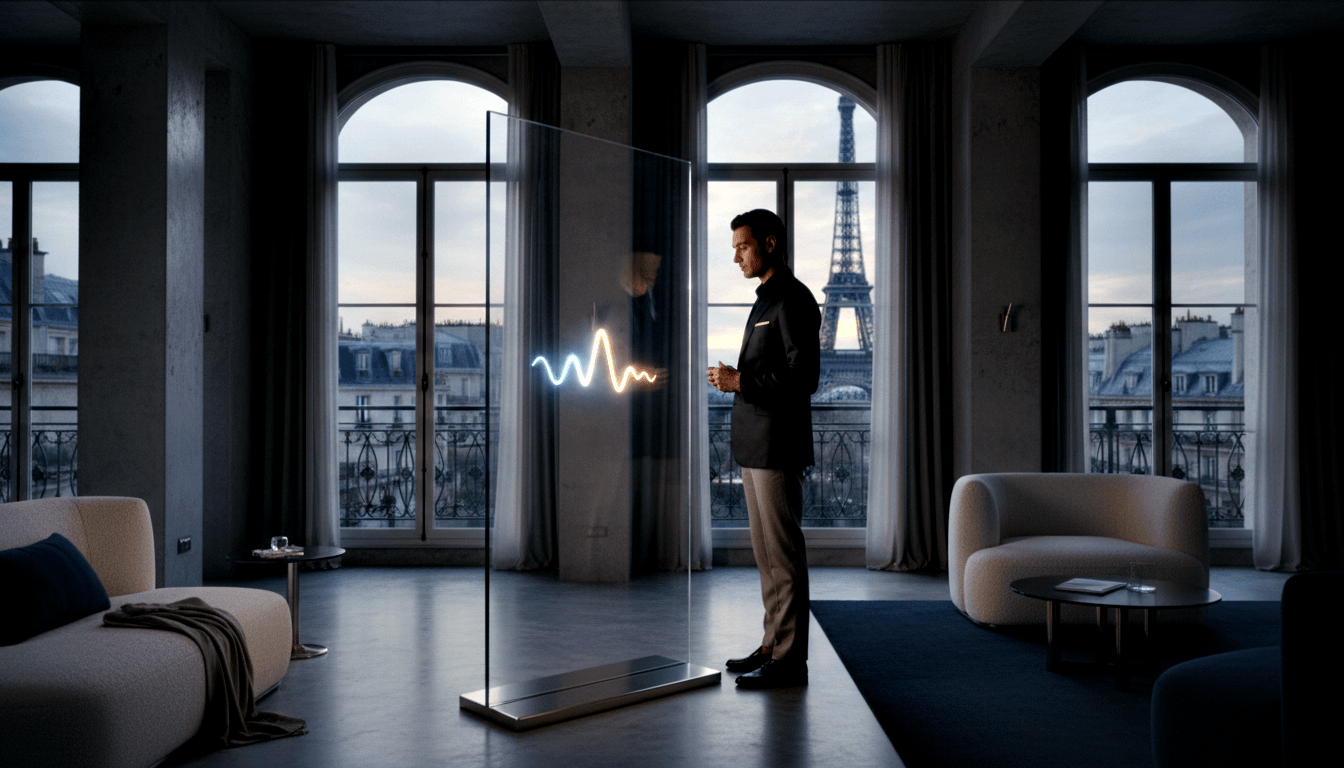 Man in dark blazer faces glowing blue and amber waveform on glass panel in dim apartment with arched French windows.