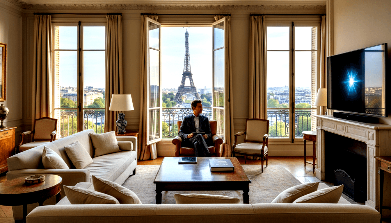 Man in dark suit jacket and white shirt sits cross-legged in a leather armchair beside open French doors with a balcony and iron lattice tower.
