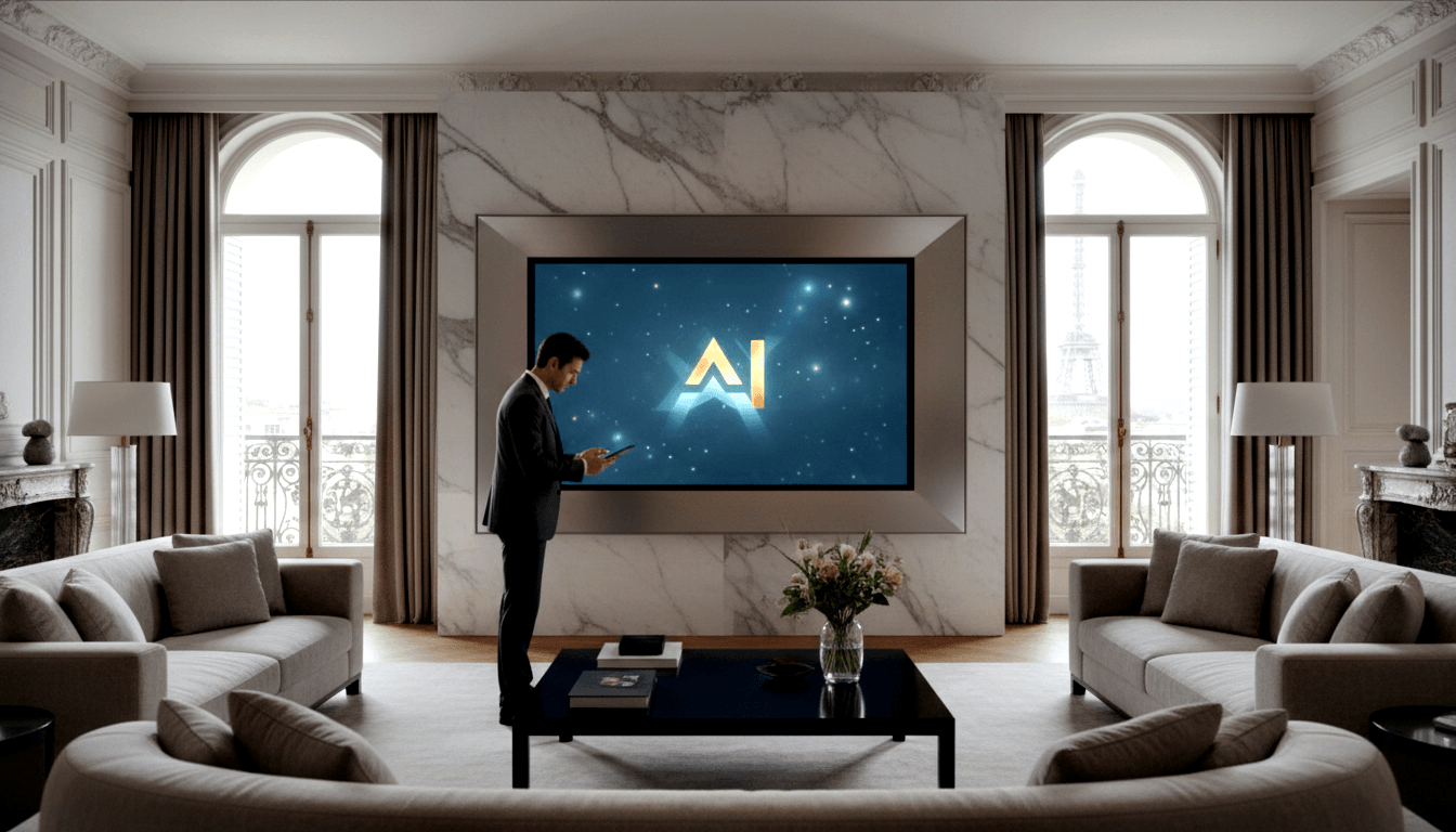 Man in dark suit holding tablet in marble living room; wall screen displays gold 'AI' text on dark starfield; arched French windows behind.