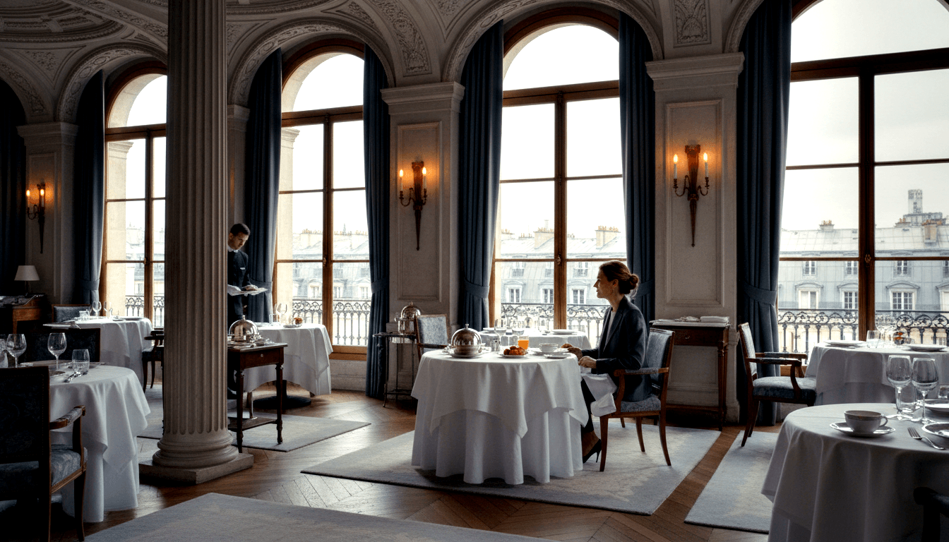 Woman with dark hair in chignon and charcoal blazer sits at white linen table set with wine glasses and silver domes in grand dining hall.