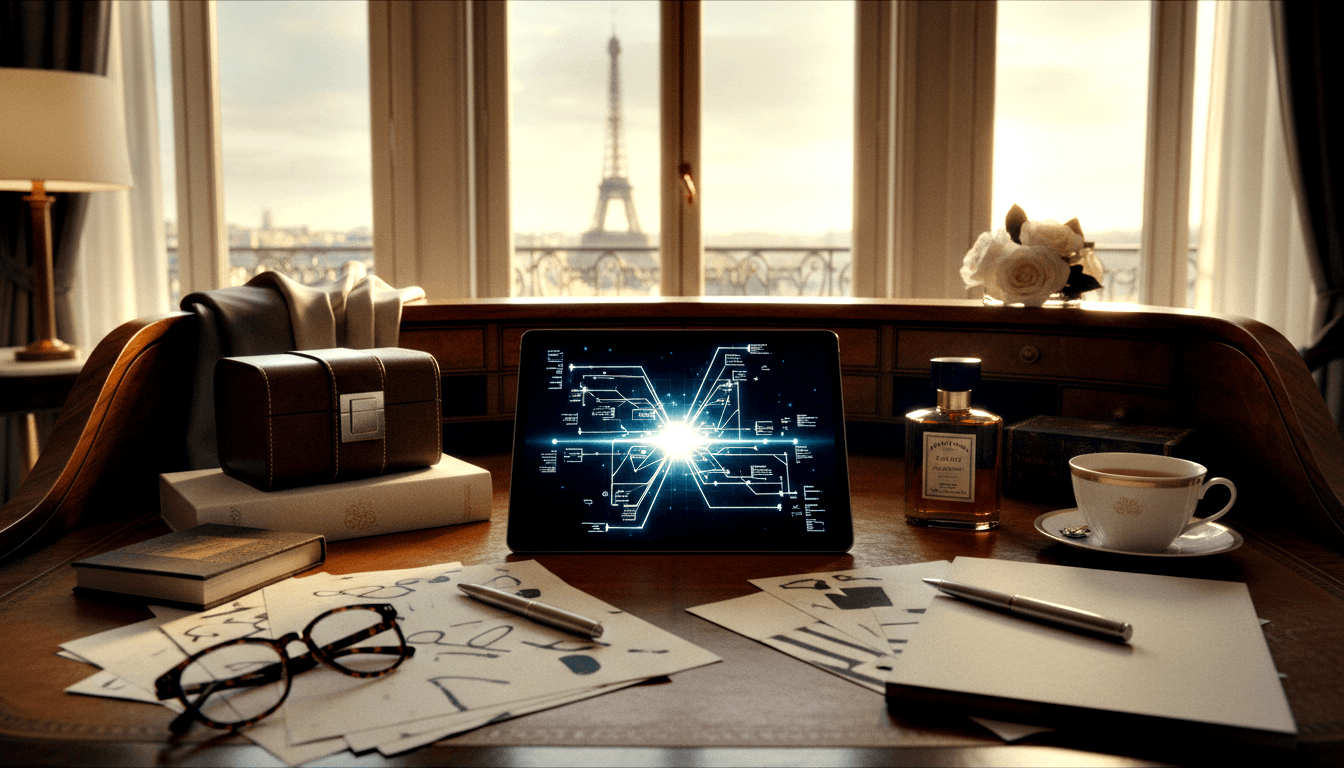 Tablet with glowing blue-white network diagram on mahogany desk with glasses, pens, books, teacup, and white roses by French windows.