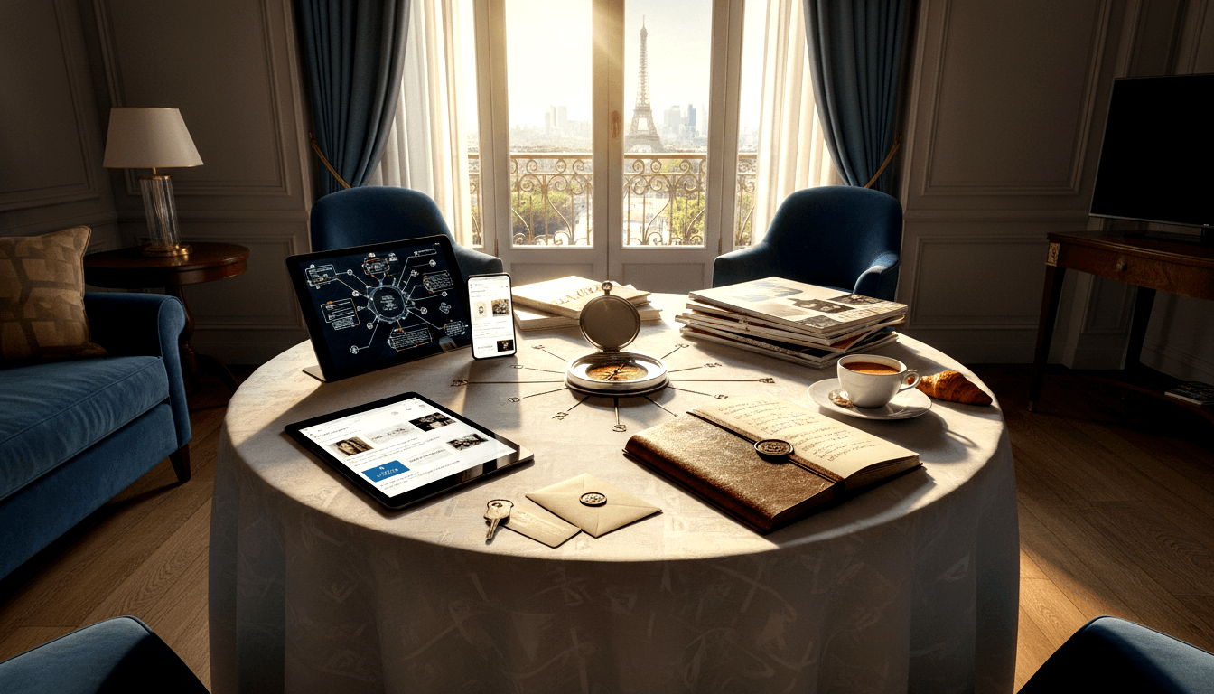 Round table with white damask cloth, tablets, compass, journal, espresso cup, croissant; French doors open to balcony.