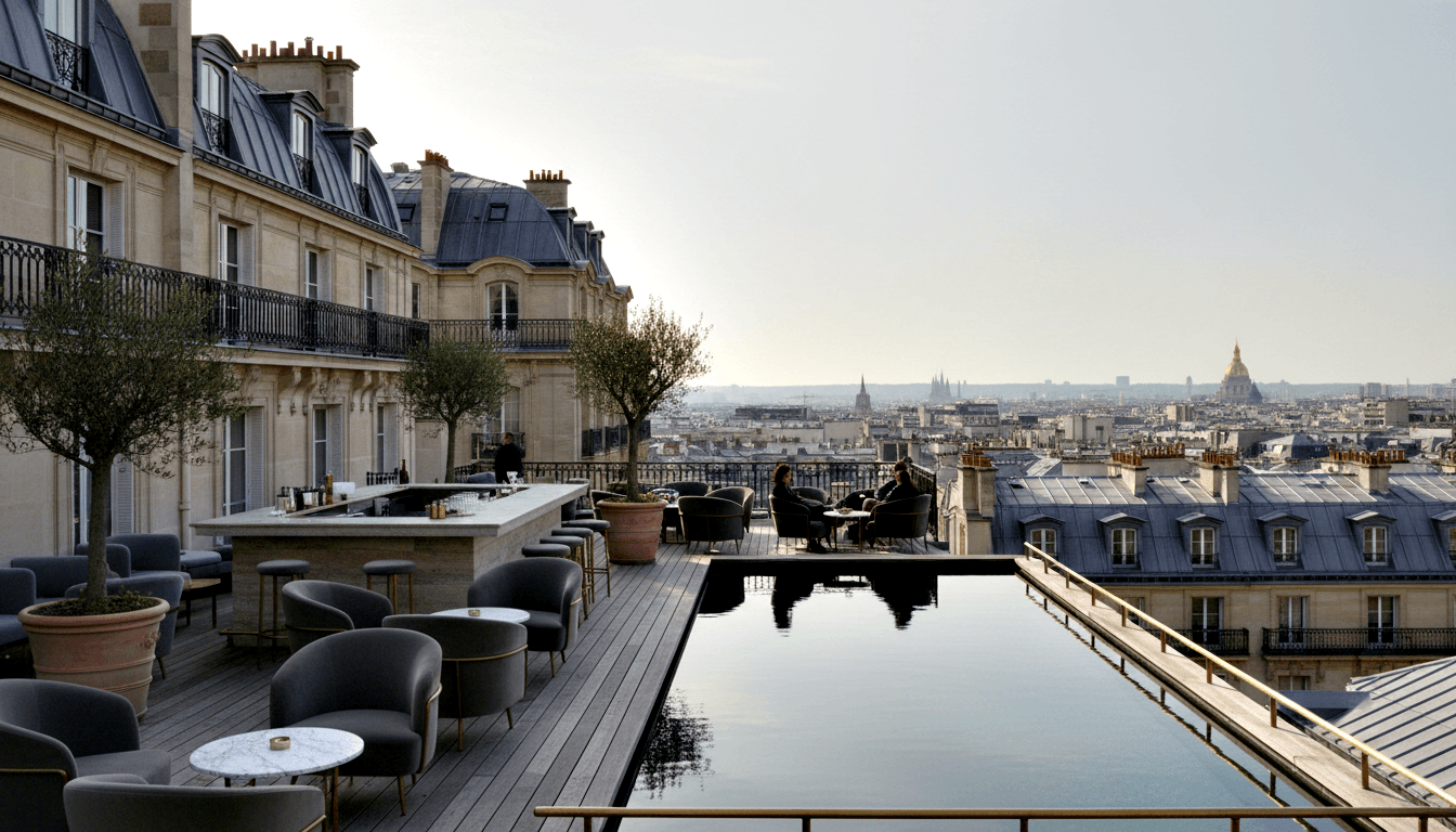 Rooftop terrace bar with infinity pool, brass railings, marble counter, velvet armchairs, and city skyline of mansard rooftops and a dome.