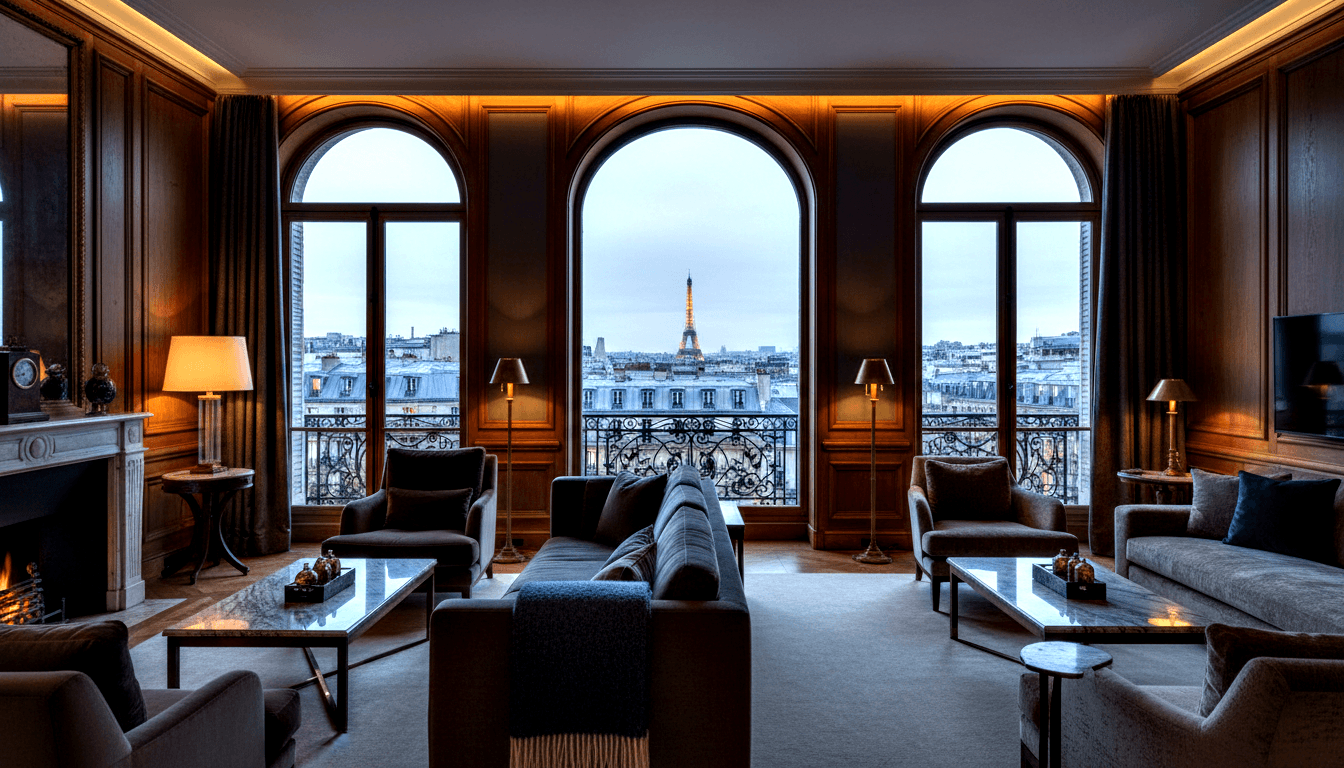 Wood-paneled room with marble fireplace, grey velvet seating, and three arched windows framing a twilight cityscape with an illuminated tower.