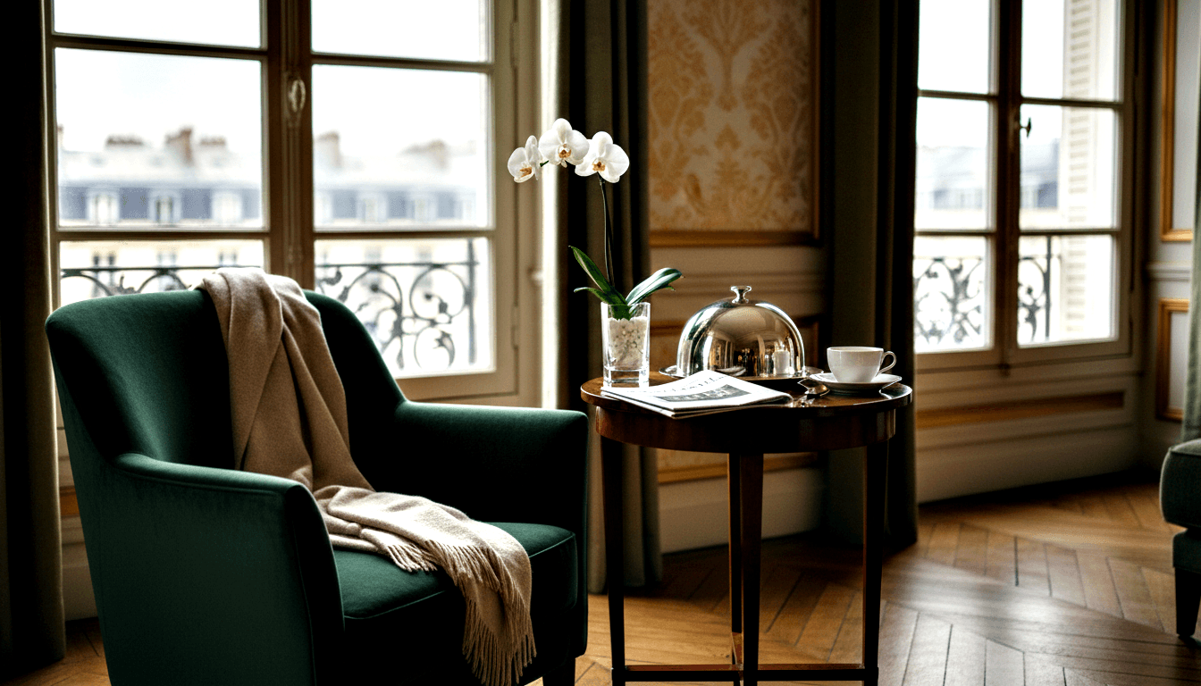 Green velvet wingback armchair, beige throw, mahogany table with orchid, silver cloche, teacup; herringbone parquet, damask wallpaper.