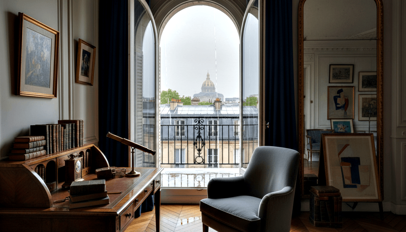 French sitting room: herringbone parquet, navy curtains, arched window, roll-top desk, gray armchair, rainy Haussmann rooftops beyond.