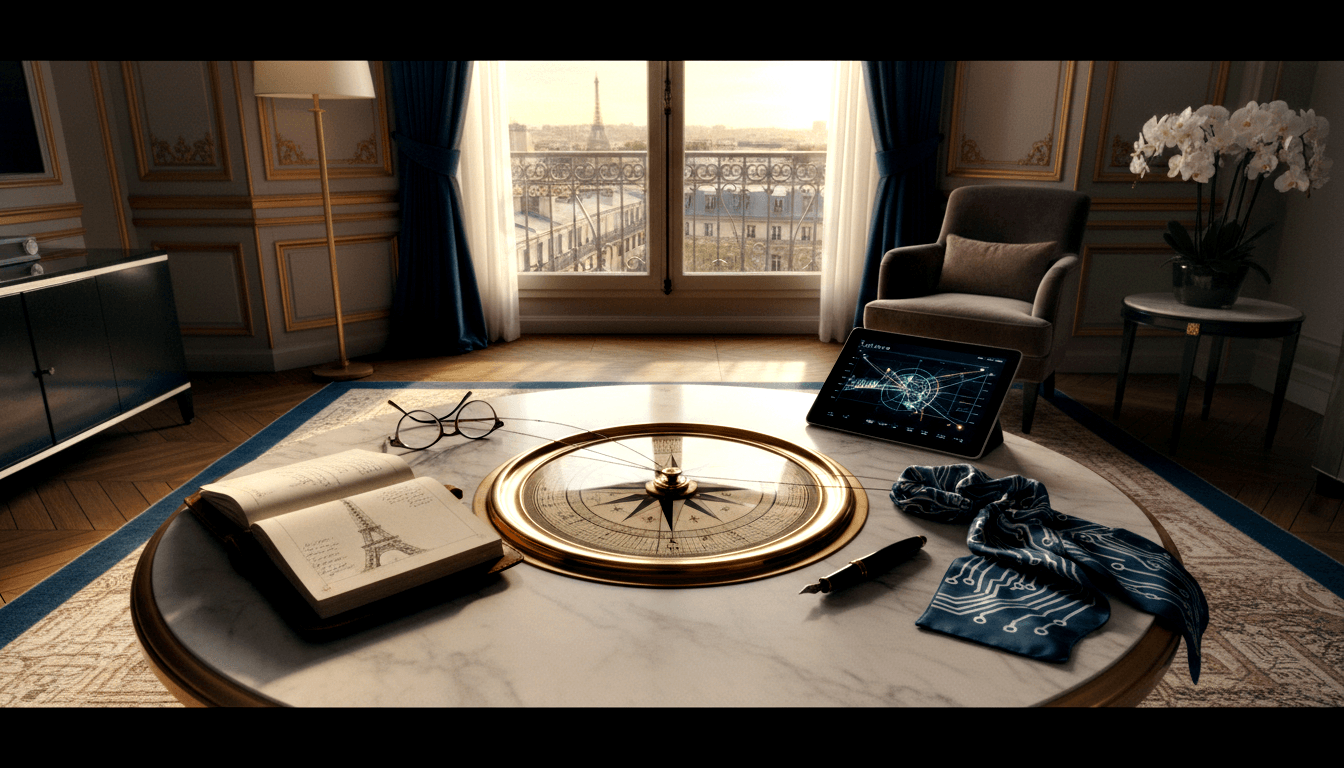Marble table with brass compass rose, notebook, radar tablet, glasses; gold-paneled room, herringbone floors, iron tower beyond balcony.