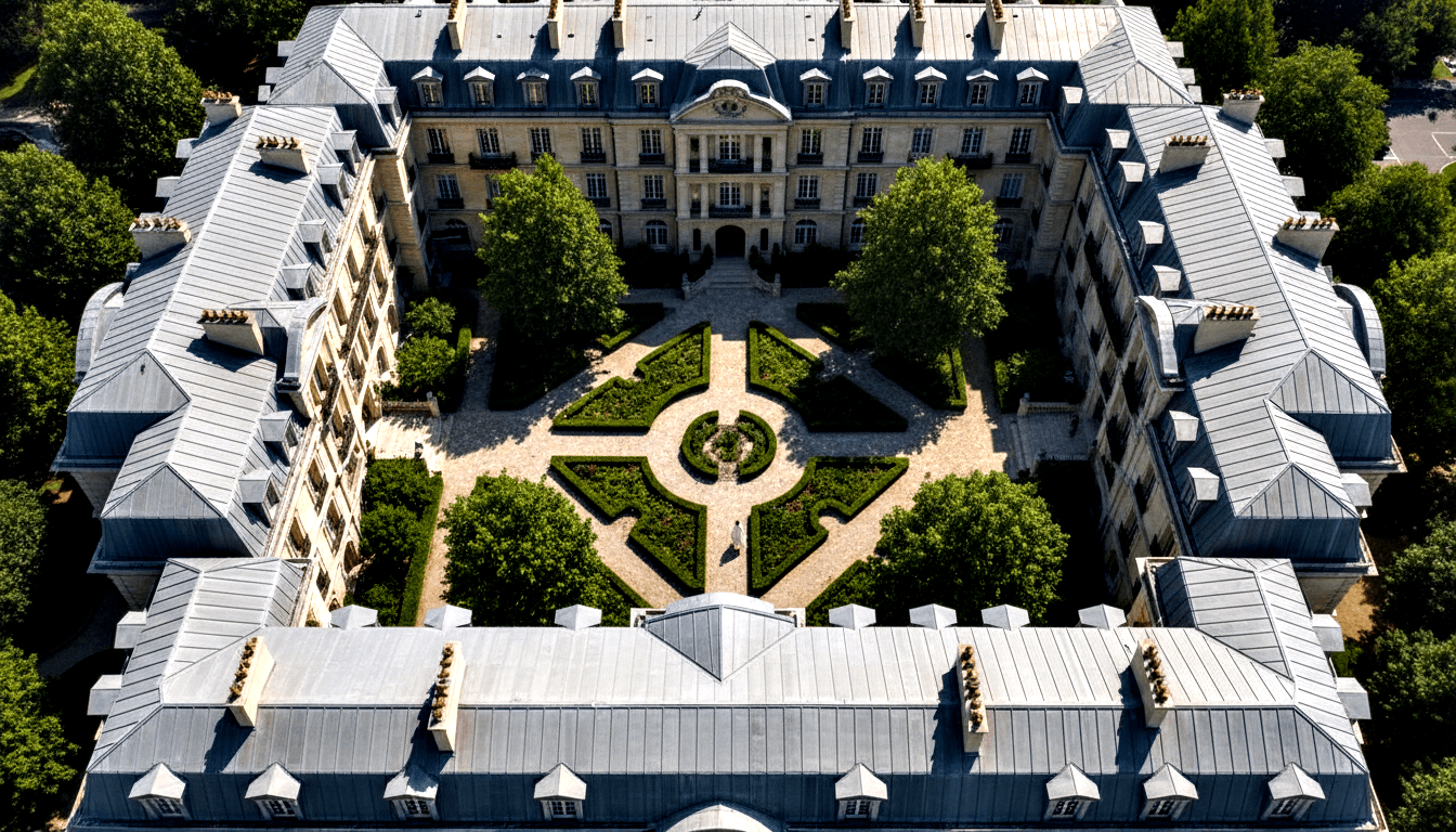 Aerial view of a U-shaped classical château with cream stone façades, mansard roofs, formal parterre courtyard, and a glass pyramid skylight.