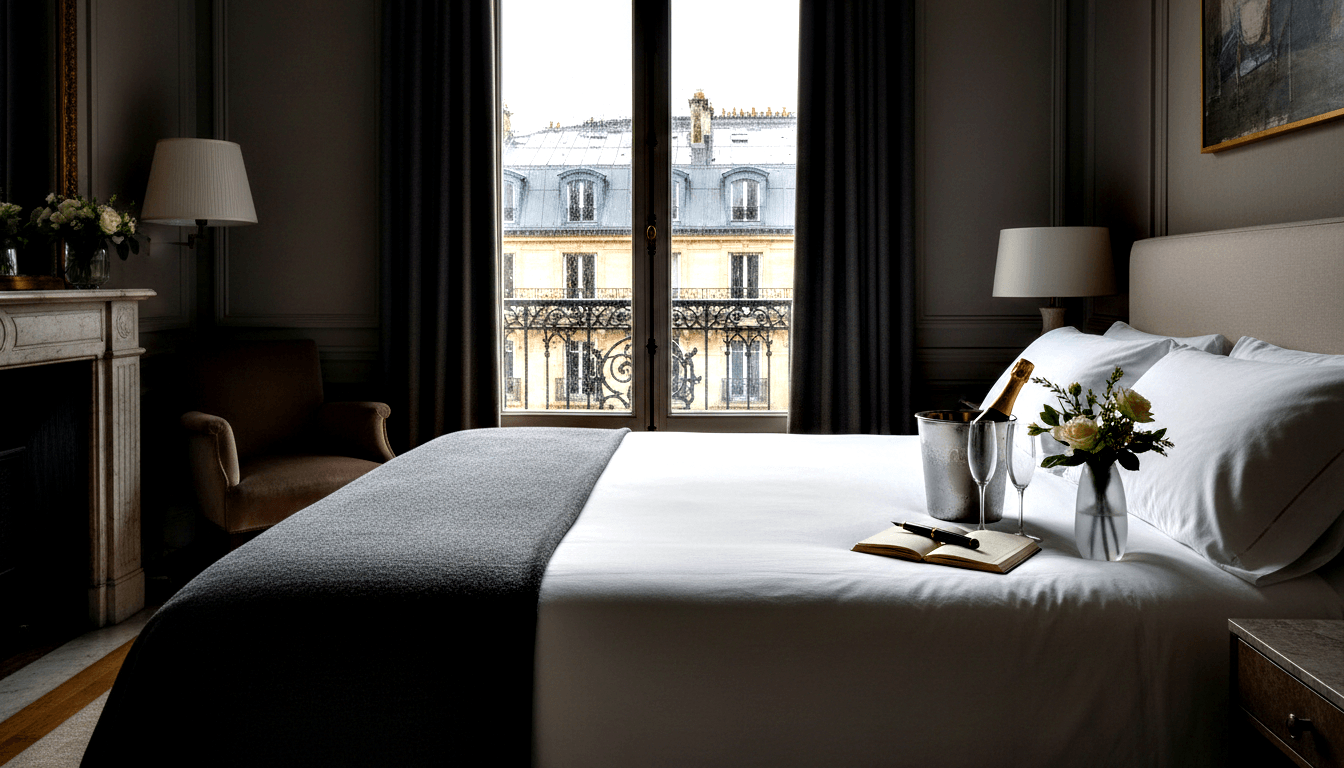 Dark charcoal bedroom with king bed, white linens, champagne on ice, two flutes, white roses, open fireplace, and French doors to snowy balcony.