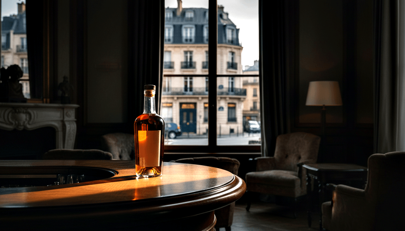 Amber glass bottle with gold cap and cream label on a dark mahogany round table near a large French-style window.
