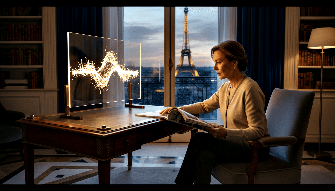 Dark-haired woman in cream cardigan sits in gray armchair beside antique desk; glowing golden particle-wave display on brass stands nearby.
