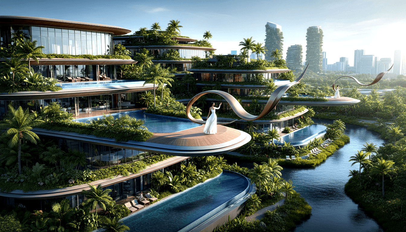 CGI resort with cascading infinity pools on terraces, bronze ribbon arch, woman in white gown with arm raised, calm waterway and green towers.