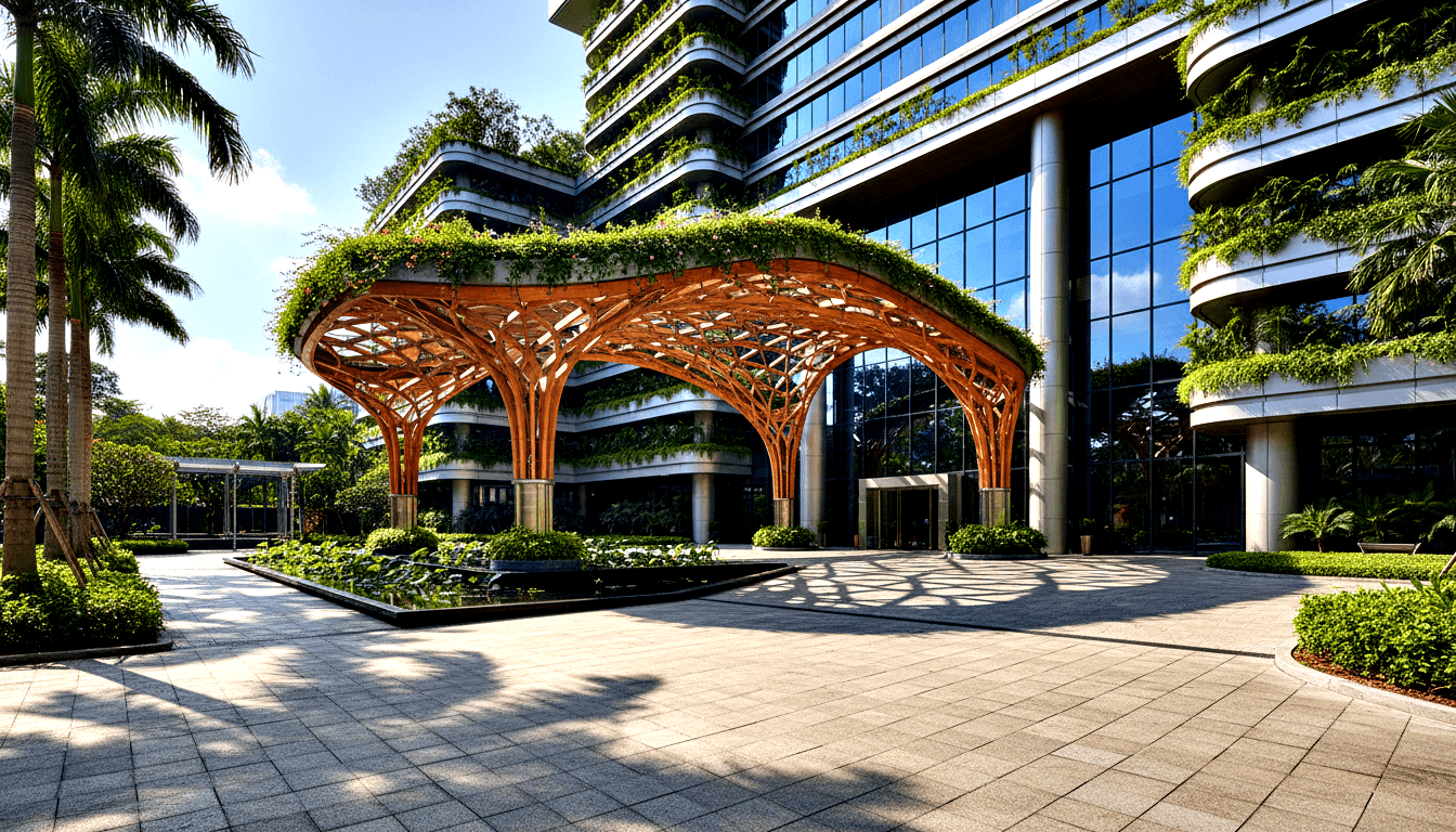Multi-story glass building with curved balconies, biomorphic orange-brown lattice canopy over a plaza with rectangular water feature and palms.